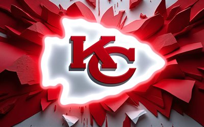logo lumineux des chiefs de kansas city, 4k, néons rouges, fond rouge 3d, nfl, football américain, logo des chiefs de kansas city, chefs du kc, équipe de football américain, chefs de kansas city
