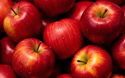 manzanas rojas, 4k, macro, frutas frescas, bokeh, manzanas premium, gotas de agua, frutas maduras, manzanas maduras, fondo con manzanas, frutas, manzanas