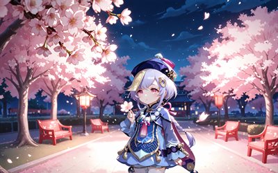 4k, qiqi, fjädra, natt, parkera, genshin impact, körsbärsblom, konstverk, anime karaktärer, genshin impact karaktärer, qiqi genshin impact