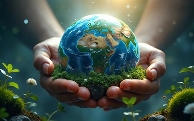 globo en las palmeras, 4k, cuidar la tierra, salvar la tierra, globo en manos, conceptos ecológicos, globo, cuidar el medio ambiente