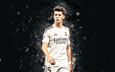 4k, أردا جولر, خلفية مجردة سوداء, ريال مدريد, الدوري الاسباني, لاعبي كرة القدم الأتراك, اردا جولر 4k, كرة القدم, أضواء النيون البيضاء, نادي ريال مدريد لكرة القدم, اردا جولر ريال مدريد