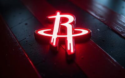logo al neon degli houston rockets, 4k, sfondo rosso metallo, nba, arte al neon, emblema degli houston rockets, usa, houston rockets, pallacanestro, logo degli houston rockets