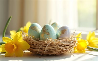 blaue ostereier mit ornamenten, frohe ostern, osterkonzepte, blaue ostereier, osterdekorationen, ostern, gelbe narzissen, frühling