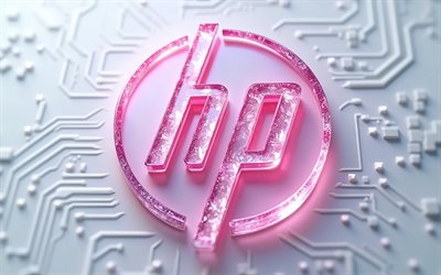 Hewlett-Packard pink glass logotype, 4k, glass art, Hewlett-Packard emblem, Hewlett-Packard logo, HP pink glass logotype, HP logo, HP emblem, HP sign, HP, Hewlett-Packard