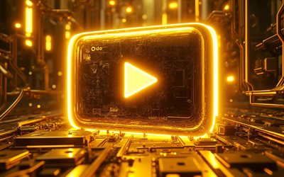 YouTube golden button, 4k, darkness, golden 3D background, creative, bokeh, YouTube metal logo, social network, golden glare, brands, YouTube 3D logo, artwork, YouTube logo, YouTube