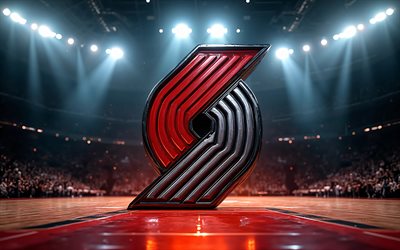 portland trail blazers logotyp i metall, 4k, basketstadion bakgrund, nba, basketboll, portland trail blazers logotyp, portland trail blazers 3d logotyp, amerikansk basketlag, portland trail blazers