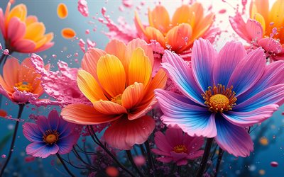 زهور ثلاثية الأبعاد ملونة, 4k, بقع الطلاء, مبدع, فن ثلاثي الأبعاد, ماكرو, خلفيات ملونة, زهور ثلاثية الأبعاد, الخلفية مع الزهور, زهور ملونة, خلفيات الأزهار الملونة, أنماط الزهور ثلاثية الأبعاد