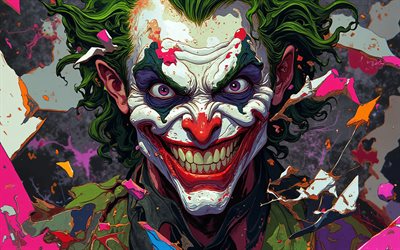 4k, joker sonriente, arte grunge, fondo colorido del grunge, supervillano, bromista, arte abstracto, comodín 4k, creativo, arte del comodín