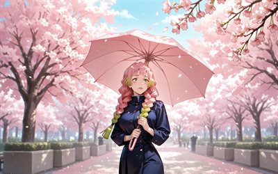 Mitsuri Kanroji, 4k, spring, cherry blossom, Demon Slayer, park, umbrella, protagonist, pink hair, Demon Slayer Kimetsu no Yaiba, manga, Kanroji Mitsuri, Demon Hunter, Mitsuri Kanroji Kimetsu no Yaiba