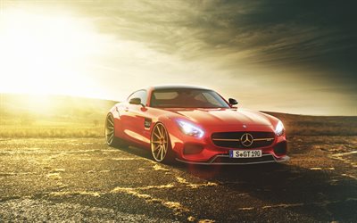 Mercedes-Benz AMG GT, Mercedes Rojo, puesta del sol, a la Libertad de Caminar, Tuning, coches alemanes, Mercedes