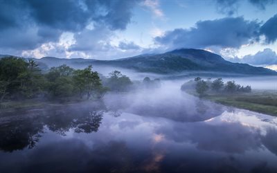 Galles, montagne, fiume, nebbia, mattina, regno UNITO