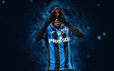 Ademola Lookman, 4k, blue neon lights, Atalanta, Serie A, nigerian footballers, football, soccer, Ademola Lookman 4k, blue abstract background, Atalanta BC, Ademola Lookman Atalanta