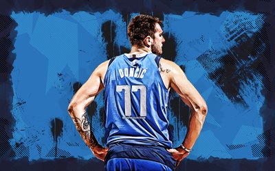 4k, Luka Doncic, back view, blue grunge background, Dallas Mavericks, NBA, basketball, Luka Doncic 4K, grunge art, Luka Doncic Dallas Mavericks