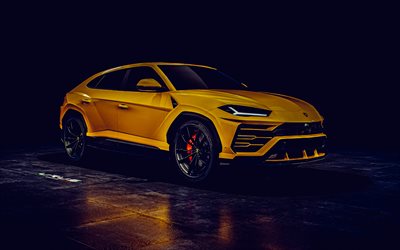 Lamborghini Urus, 4k, darkness, 2022 cars, HDR, SUVs, luxury cars, Yellow Lamborghini Urus, 2022 Lamborghini Urus, italian cars, Lamborghini