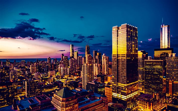 chicago, 4k, skyline cityscapes, gökdelenler, modern binalar, gece manzaraları, amerikan şehirleri, amerika birleşik devletleri, amerika, geceleri chicago, chicago panorama, chicago cityscape