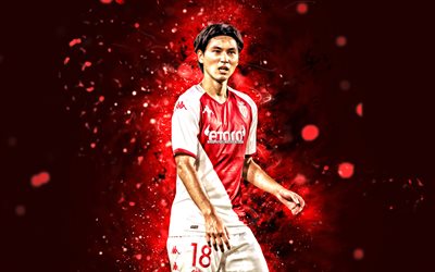 ताकुमी मिनमिनो, 4k, लाल नीयन रोशनी, मोनाको के रूप में, ligue 1, जापानी फुटबॉलर, फ़ुटबॉल, ताकुमी मिनमिनो 4k, लाल अमूर्त पृष्ठभूमि, मोनाको के रूप में ताकुमी मिनमिनो