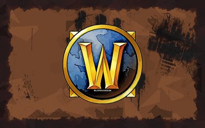 world of warcraft grunge logosu, 4k, yaratıcı, world of warcraft soyut logosu, oyun markaları, kahverengi grunge arka plan, vay logosu, world of warcraft logosu, grunge art, world of warcraft, vay