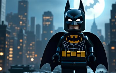 4k, batman, paysage nocturne, super héros, lego art, bandes dessinées dc, batman lego, art 3d, batman 3d, fan art, batman 4k