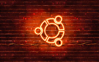 ubuntu oranssi neon  logo, 4k, os  tuotemerkit, oranssi tiiliseinä, luova, linux ubuntu, logo, taideteos, ubuntu neon  logo, ubuntu  logo, os  logo, ubuntu
