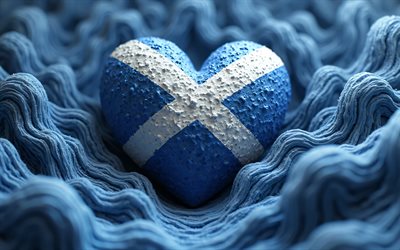 I Love Scotland, 4k, blue 3D background, 3D art, creative, Day of Scotland, flag of Scotland, heart with Scottish flag, 3D hearts, Scottish flag, Scotland, Love for Scotland