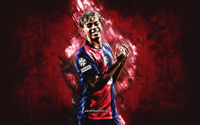Lamine Yamal, FC Barcelona, grunge art, spanish footballer, burgundy stone background, goal celebration, La Liga, Spain, football, Lamine Yamal Barcelona