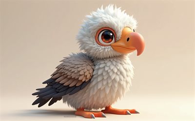 4k, netter 3d  geier, cartoon 3d geier, süße vögel, geier, 3d  tiere, cartoon 3d vögel, lustiger geier, kleiner geier, grauer hintergrund