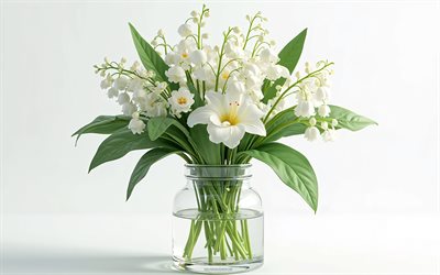 4k, bouquet of gillies of the valley, vaso di vetro, lilies 3d della valle, fiori 3d, sfondo bianco, fiori bianchi, gigli della valle, sfondo con gigli della valle