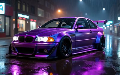 4k, violet bmw m3 e46, nuit, réglage, e46, phares, pluie, œuvres d'art, supercars, bmw m3, créatif, bmw m3 e46, voitures allemandes, bmw