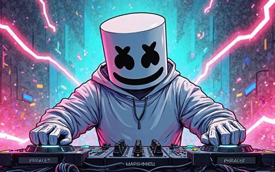 4k, dj marshmello, 抽象芸術, djコンソール, 音楽スター, クリストファー・コムストック, marshmelloマスク, 照明, アメリカのdj, スーパースター, 3d marshmello, 人気のある歌手, マシュメロ, dj, marshmello 4k