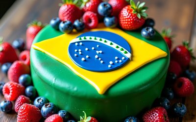 bandiera brasiliana dipinta sulla torta, 4k, bandiera del brasile, cottura al forno, brasile, torta con bacche, torta con la bandiera brasiliana, giorno dell'indipendenza brasile, torta come la bandiera del brasile, sete de seteembro