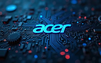 4k, acer blue glitterロゴ, ボケ, 青いハイテク背景, マイクロサーキット, 導体, エレクトロニクスブランド, クリエイティブ, マイクロサーキットのエイサーロゴ, ブランド, acer抽象ロゴ, アートワーク, エイサーロゴ, エイサー
