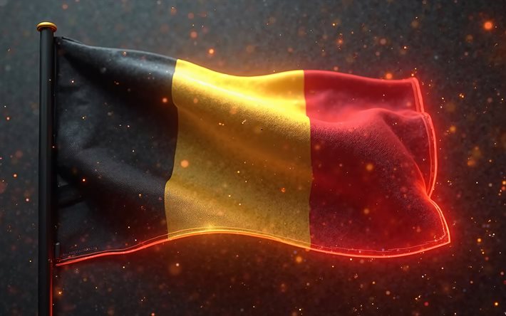 4k, Belgium flag on flagpole, bokeh, digital art, flag of Belgium, colorful glare, abstract background, Belgian flag, Europe, fabric waves Belgium flag, Belgium, 3D Belgium flag