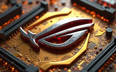 4k, rog golden 3d logo, carte mère dorée, logo rog, rog emblem, rog golden logo, rog asus, signe de rog, rog, république des joueurs