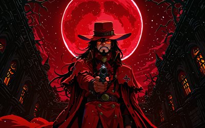 4k, alucard, luna rossa, revolver, inferno, castello, conta dracula, notte, manga, dorakyura, manga hellsing, carattere di alucard, alucard art, personaggi infernali, alucard hellsing