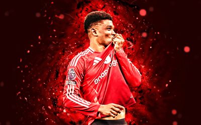 4k, Amad Diallo, red abstract background, Manchester United FC, Premier League, ivorian footballers, Amad Diallo 4K, red neon lights, football, soccer, Man United, Amad Diallo Manchester United