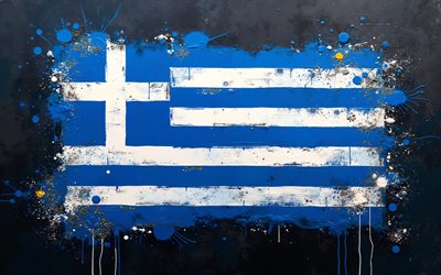 Greek flag, 4k, Greece flag paint splashes, grunge art, Greece flag, Greece, flag of Greece, grunge background