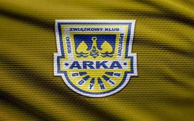 Arka Gdynia fabric logo, 4k, yellow fabric background, Division 1, bokeh, soccer, Arka Gdynia logo, football, Arka Gdynia emblem, Arka Gdynia, polish football club, Arka Gdynia FC