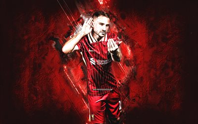alexis mac allister, liverpool fc, argentinischer fußballspieler, roter steinhintergrund, grunge  kunst, premier league, england, fußball, alexis mac allister liverpool