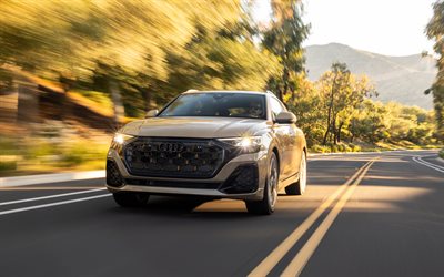 audi q8 55 tfsi quattro s line, 4k, farolas, 2025 autos, motaje desenfoque, brown audi q8, 2025 audi q8, autos alemanes, audi q8, audi