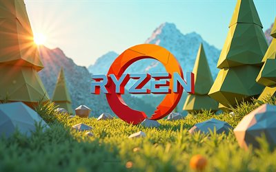 logo poligono ryzen, polygon 3d summer paesace, logo ryzen, alberi verdi poligoni, montagna, amd ryzen, creative 3d art, ryzen