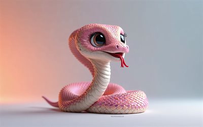 4k, süße 3d  rosa schlange, cartoon 3d pink schlange, süße tiere, rosa schlange, 3d  reptilien, cartoon 3d  tiere, kleine rosa schlange, rosa hintergrund, 3d  schlangen