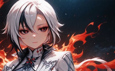 4k, arlecchino, fiamme di fuoco, impatto di genshin, avvicinamento, occhi rossi, personaggi anime, opera d'arte, notte, personaggi di genshin impact, impatto di genshin di arlecchino