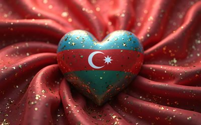 4k, ich liebe aserbaidschan, bokeh, roter seidenhintergrund, kreativ, tag aserbaidschans, flagge der aserbaidschan, 3d  kunst, herz mit aserbaidschanischer flagge, 3d  herzen, aserbaidschanische flagge, aserbaidschan, liebe zu aserbaidschan