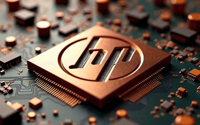 Hewlett-Packard logo, 4k, Hewlett-Packard bronze 3d logo, HP logo, bronze motherboard, HP, bronze hi-tech background, Hewlett-Packard sign, Hewlett-Packard emblem, Hewlett-Packard