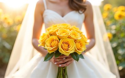 rose gialle in mani nuziali, bouquet nuziale, bouquet di nozze, rose gialle, modelli di matrimonio, concetti di matrimonio, bridal con un bouquet, rose