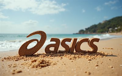 Asics logo, 4k, summer, Asics logo made of sand, beach, 3d Asics logo, sand, Asics emblem, Asics