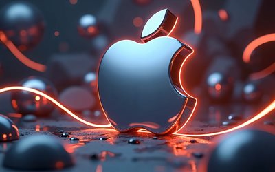 4k, アップルメタルロゴ, ボケ, オレンジ色のネオンライト, 金属の背景, ブランド, apple 3dロゴ, アートワーク, アップルロゴ, りんご