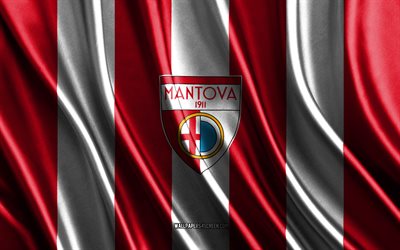 4k, logotipo de mantova, serie b, textura de seda blanca roja, bandera de mantova, club de fútbol italiano, fútbol, bandera de seda, emblema de mantova, italia, insignia de mantova, mantova