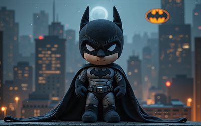 jouet en peluche batman, 4k, super héros, contexte de nuit, batman, jouets mous, jouet batman, signe de batman