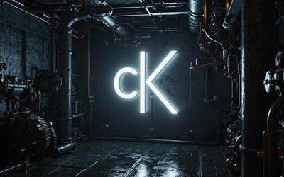 4k, Calvin Klein white neon logo, bokeh, factory, black metal backgrounds, white neon lights, Calvin Klein 3D logo, artwork, Calvin Klein neon logo, Calvin Klein logo, fashion brands, Calvin Klein